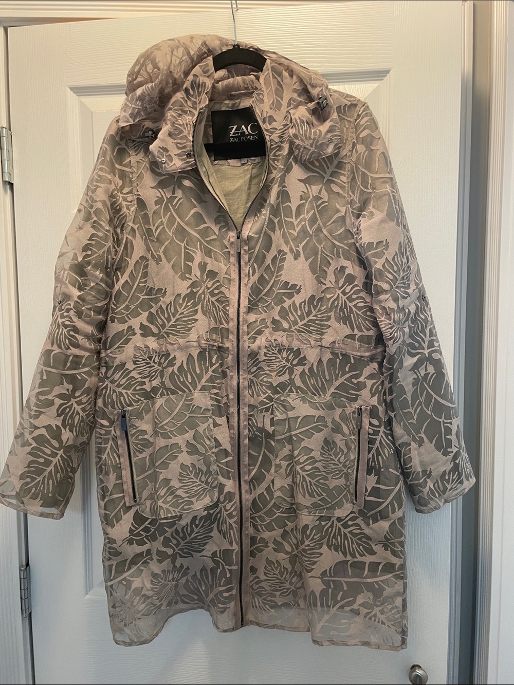 ZAC Zac Posen Taupe Leaf-Print Hooded Trench Coat